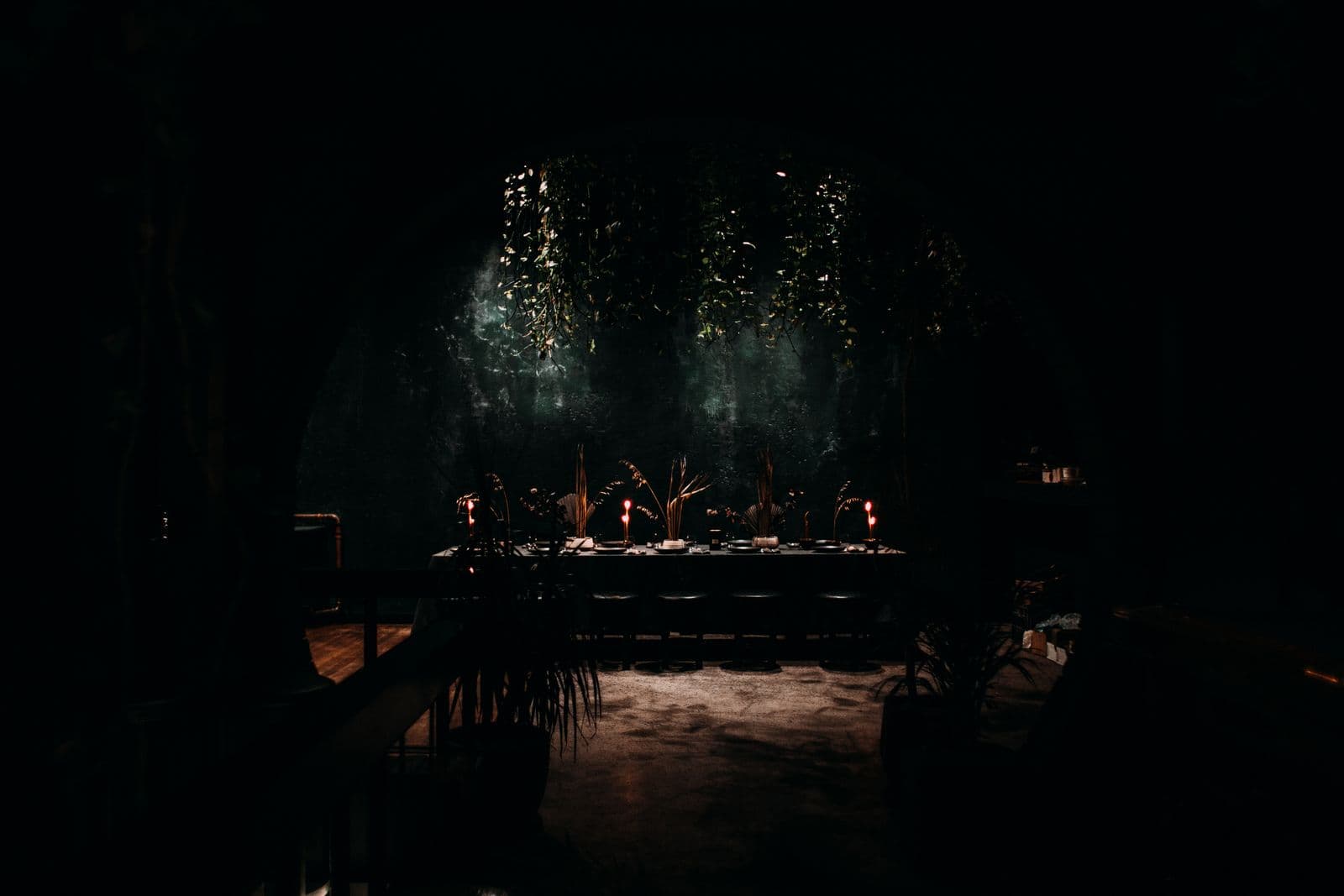 Candlelit table set for dinner inside a dark plant-lined restaurant